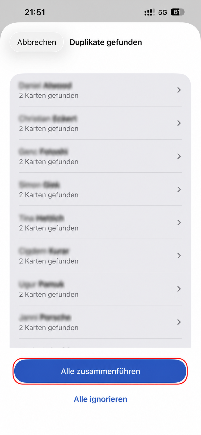 Anonymisierte doppelte iPhone-Kontakte mit Alle zusammenführen