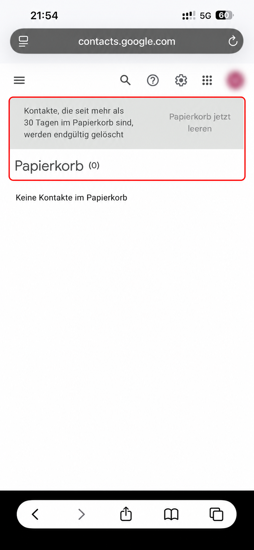 Google Kontakte Papierkorb mit Hinweis auf 30 Tage