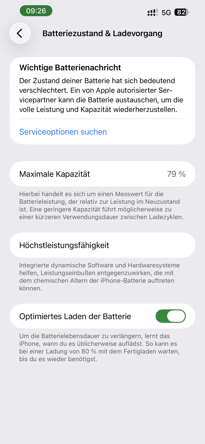 iPhone Einstellungen Batteriezustand und Laden mit maximaler Kapazität