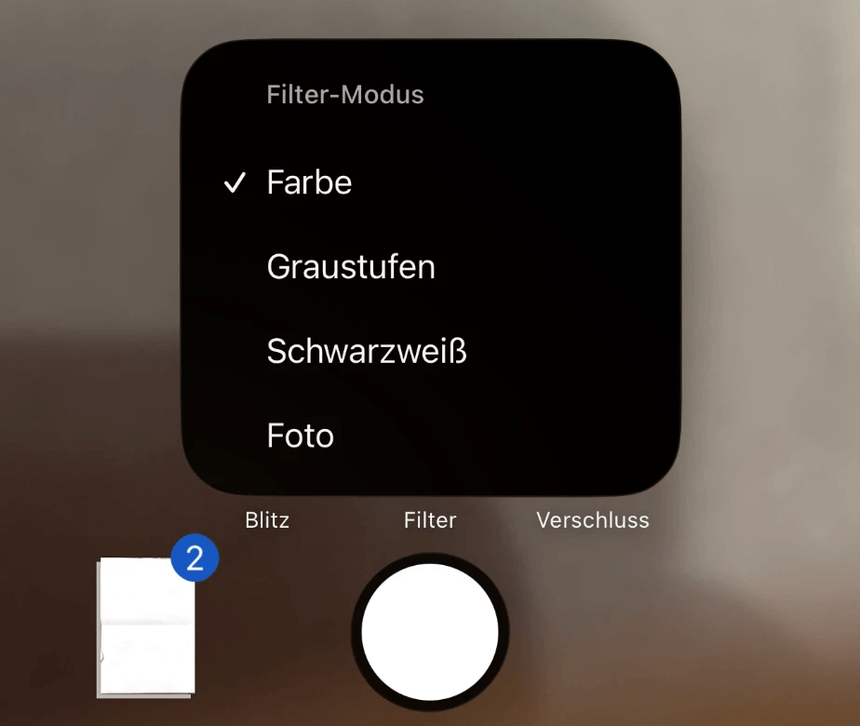 Aufgeklapptes Menü Filter-Modus im Scan-Sucher mit den Einträgen Farbe, Graustufen, Schwarzweiß und Foto