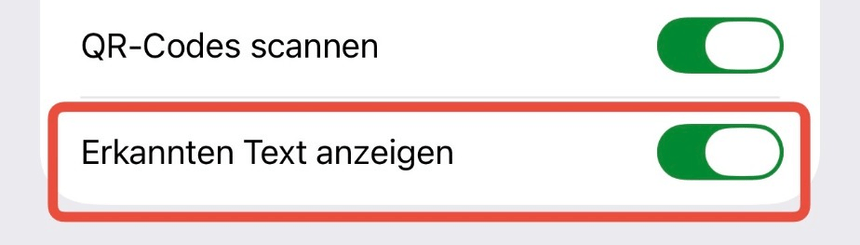 Einstellungen für die Kamera unter iOS 27 mit den Schaltern QR-Codes scannen und rot markiert Erkannten Text anzeigen