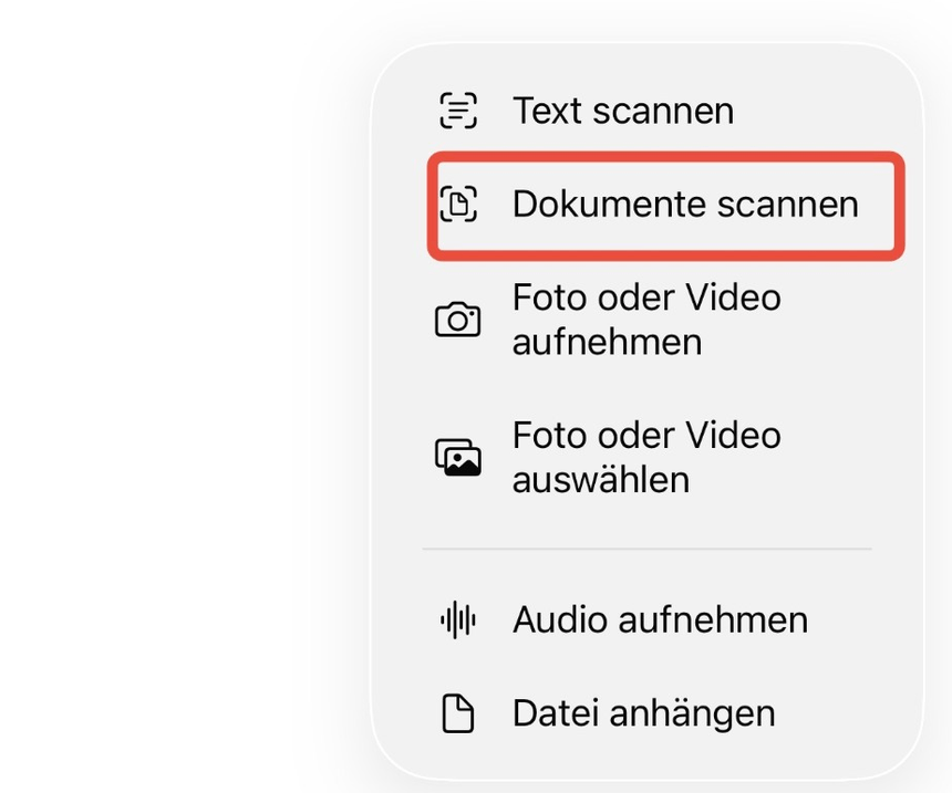 Anhang-Menü in der Notizen-App unter iOS 27 mit den Einträgen Text scannen, Dokumente scannen, Foto oder Video aufnehmen und Datei anhängen