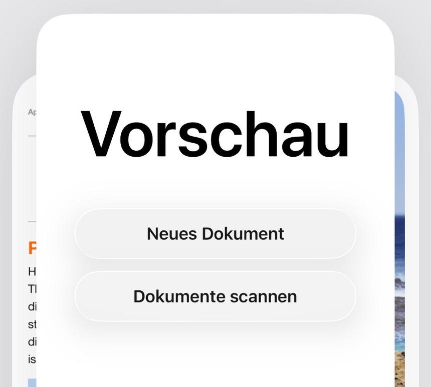 Startblatt der Vorschau-App unter iOS 27 mit den beiden Tasten Neues Dokument und Dokumente scannen