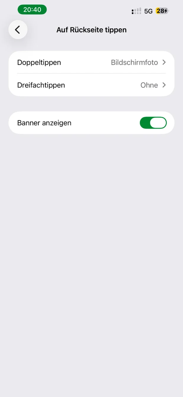 Einstellungen Auf Rückseite tippen unter iOS 26: Doppeltippen ist auf Bildschirmfoto gestellt, Dreifachtippen auf Ohne, dazu der Schalter Banner anzeigen