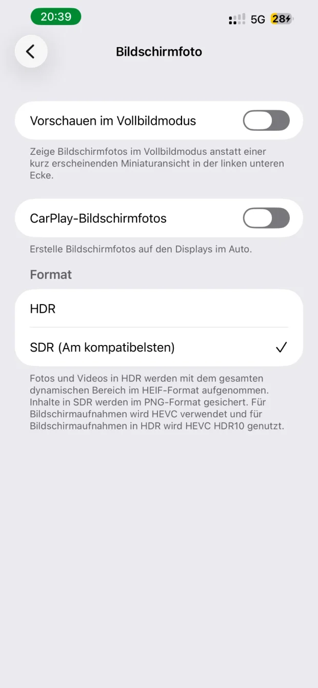 Einstellungen › Allgemein › Bildschirmfoto unter iOS 26 mit den Schaltern Vorschauen im Vollbildmodus und CarPlay-Bildschirmfotos sowie der Formatwahl HDR oder SDR (Am kompatibelsten)