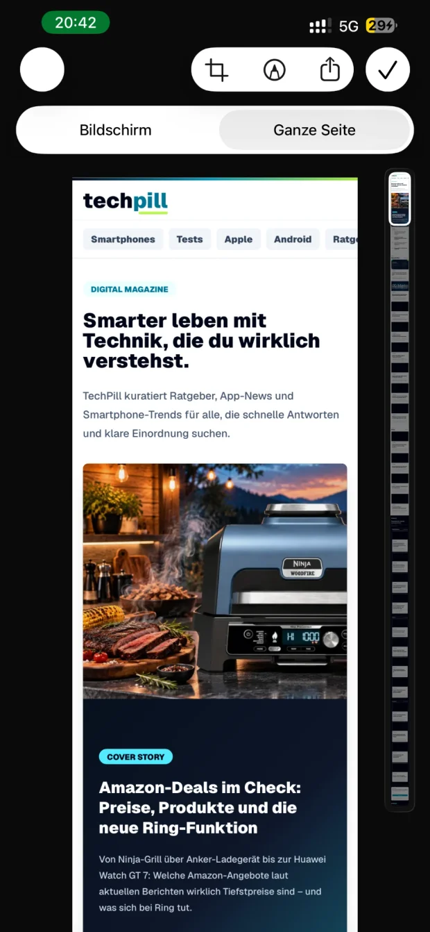 Vollbildvorschau unter iOS 26 mit ausgewählter Option Ganze Seite: links die Webseite, rechts ein schmaler Streifen mit der gesamten Seite, oben Symbole zum Zuschneiden, Markieren, Teilen und das Häkchen