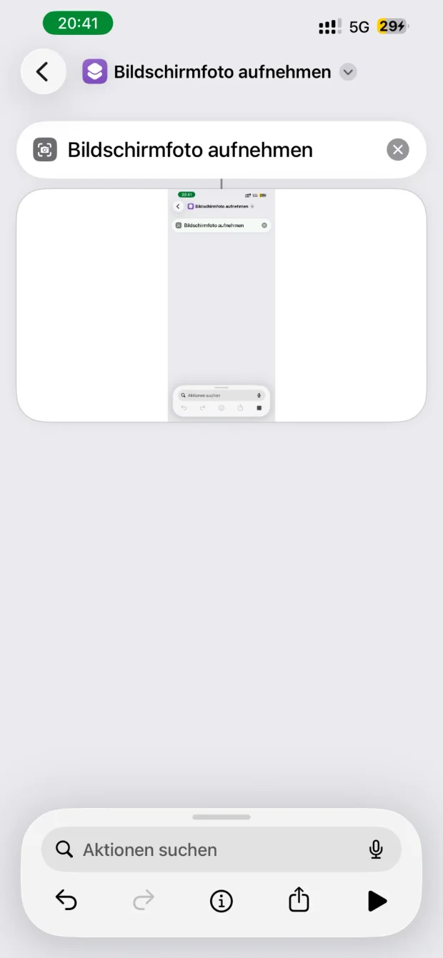 App Kurzbefehle mit der einzelnen Aktion Bildschirmfoto aufnehmen, darunter das Ergebnis als kleines Vorschaubild, unten die Leiste Aktionen suchen