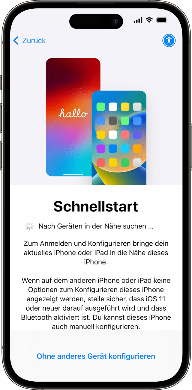 Schnellstart-Bildschirm auf dem neuen iPhone: „Nach Geräten in der Nähe suchen“