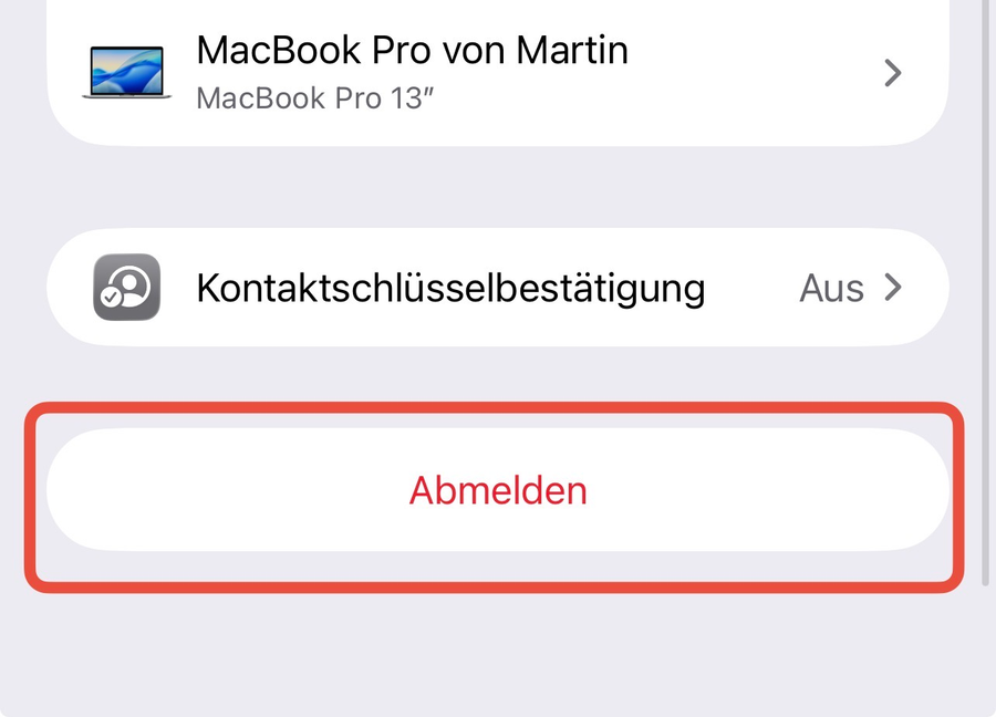 Abmelden-Button ganz unten in den Apple-Account-Einstellungen