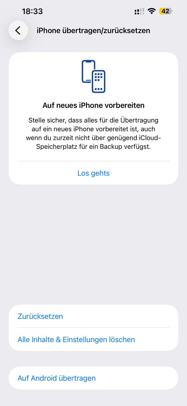 Menü iPhone übertragen/zurücksetzen mit „Alle Inhalte & Einstellungen löschen“