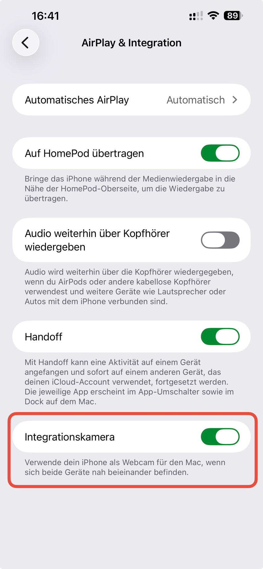 iPhone-Einstellungen: AirPlay und Integration mit aktiviertem Schalter Integrationskamera