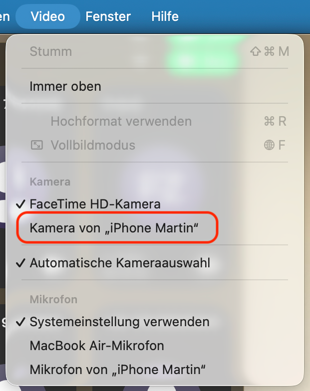Kamera-Auswahl am Mac mit dem iPhone als verfügbare Kamera