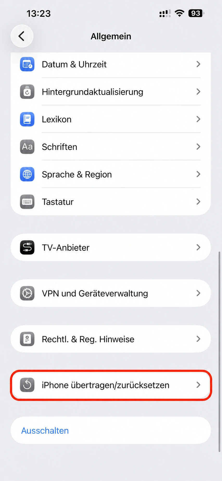 iPhone Einstellungen mit rot markiertem Menüpunkt iPhone übertragen zurücksetzen