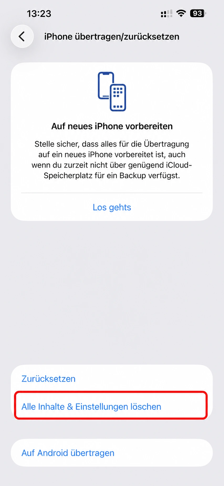 iPhone zurücksetzen mit rot markierter Option Alle Inhalte und Einstellungen löschen