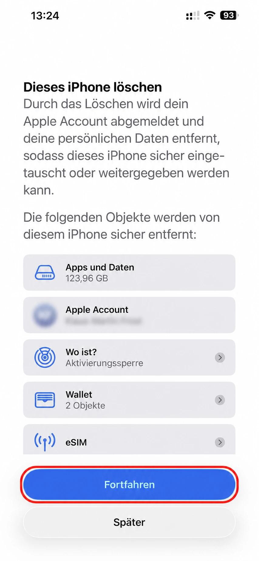 Dialog Dieses iPhone löschen mit anonymisiertem Apple Account und markiertem Fortfahren