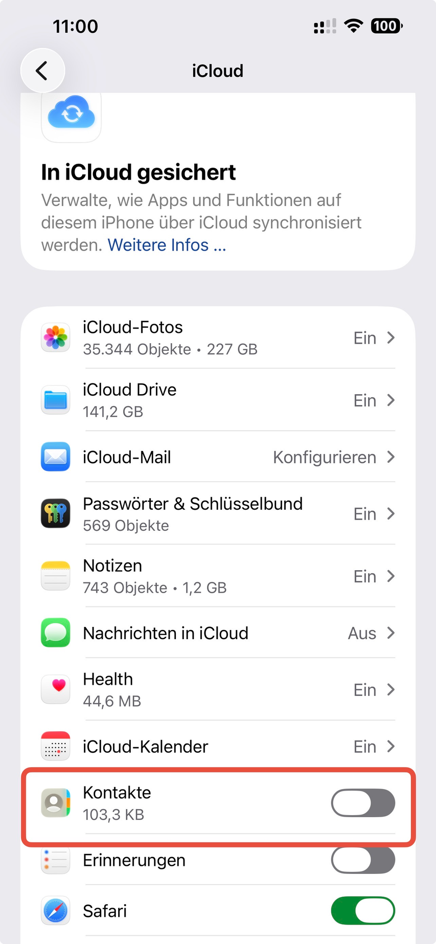 iPhone-Einstellungen: iCloud mit aktiviertem Schalter für Kontakte