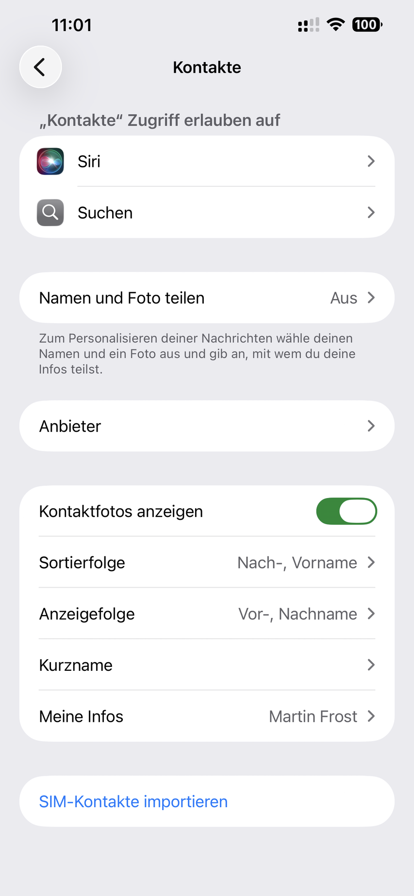 iPhone-Einstellungen Apps Kontakte mit Option SIM-Kontakte importieren