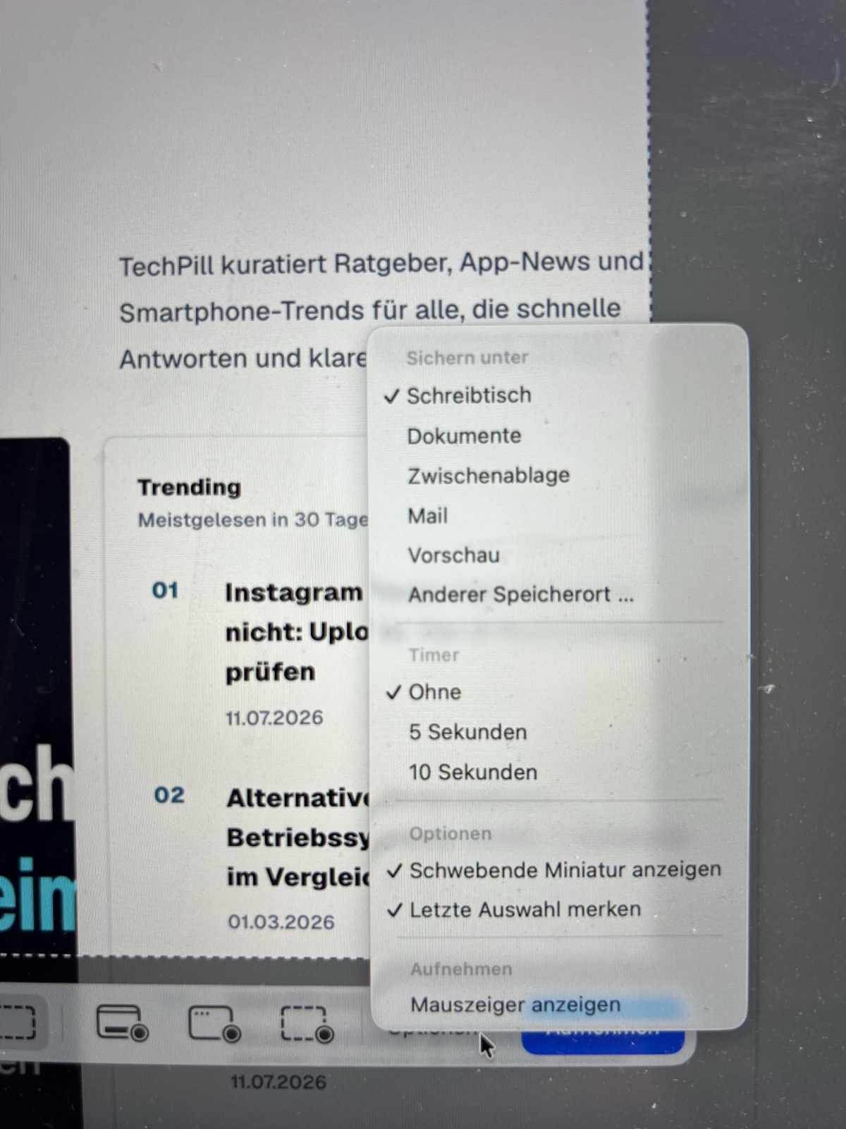 Mac Screenshot App mit Shift Command 5 öffnen