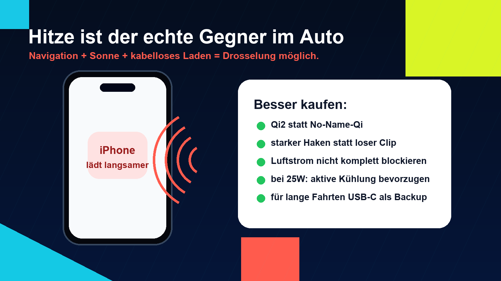 Grafik: Hitze, Navigation und kabelloses Laden bei MagSafe-Autohalterungen