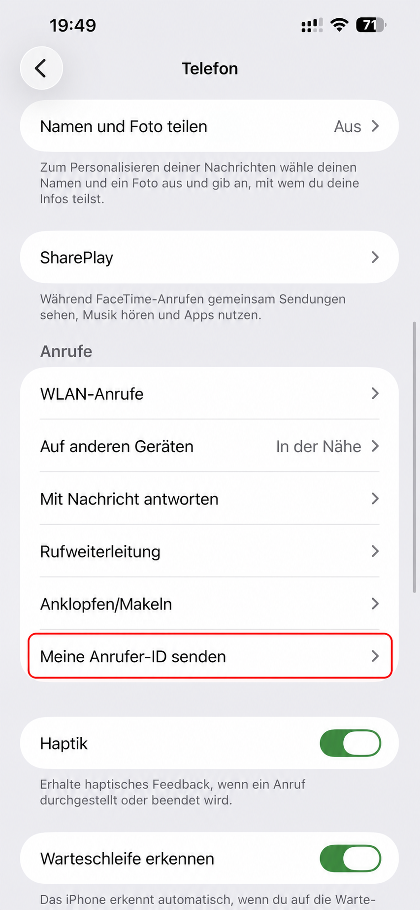 Rufnummer beim iPhone unterdrücken über Meine Anrufer-ID senden