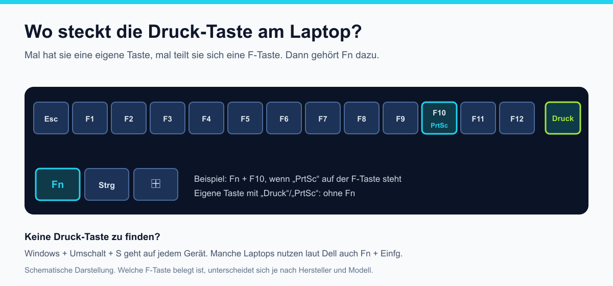 Schematische Laptoptastatur: Druck als eigene Taste oder als Zweitbelegung auf F10, dann zusammen mit der Fn-Taste