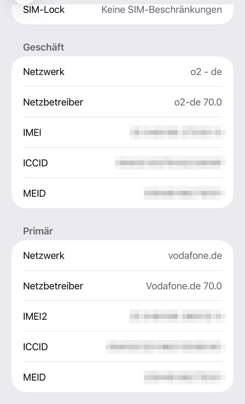 Info-Seite eines iPhones mit zwei Mobilfunkleitungen, jeweils mit eigenem Netzbetreiber und eigenen Kennungen