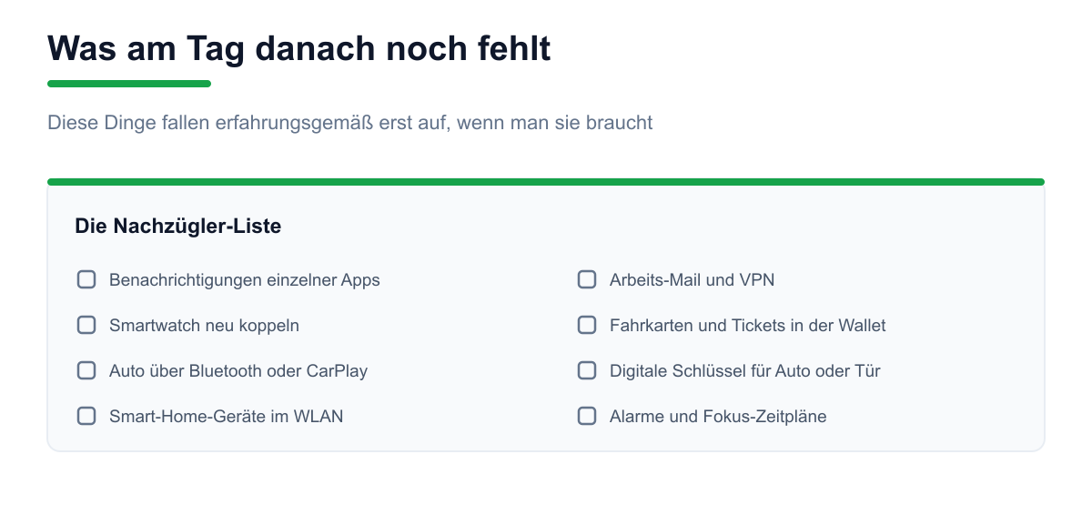 Liste von acht Punkten, die nach einem Gerätewechsel erfahrungsgemäß erst später auffallen, darunter Benachrichtigungen, Smartwatch, CarPlay und Wallet-Tickets