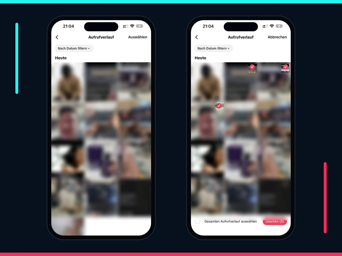 TikTok Aufrufverlauf mit Datumsfilter und Auswahl zum Löschen mehrerer Videos