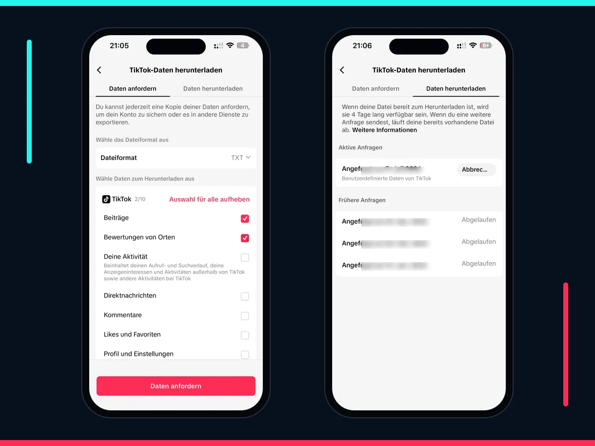 TikTok Datenexport mit Auswahl der Aktivitätsdaten und Status früherer Anfragen