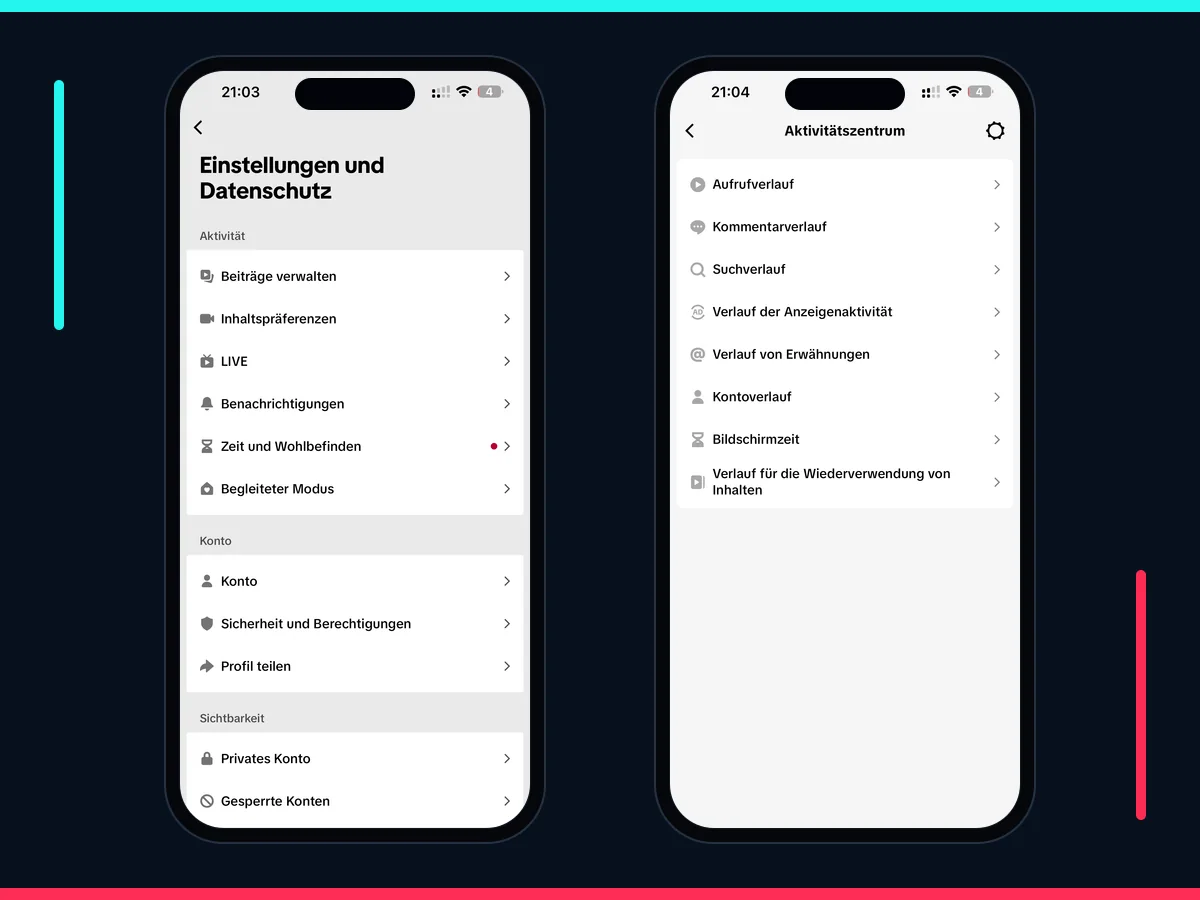 TikTok Einstellungen und Aktivitätszentrum mit Aufrufverlauf und Suchverlauf