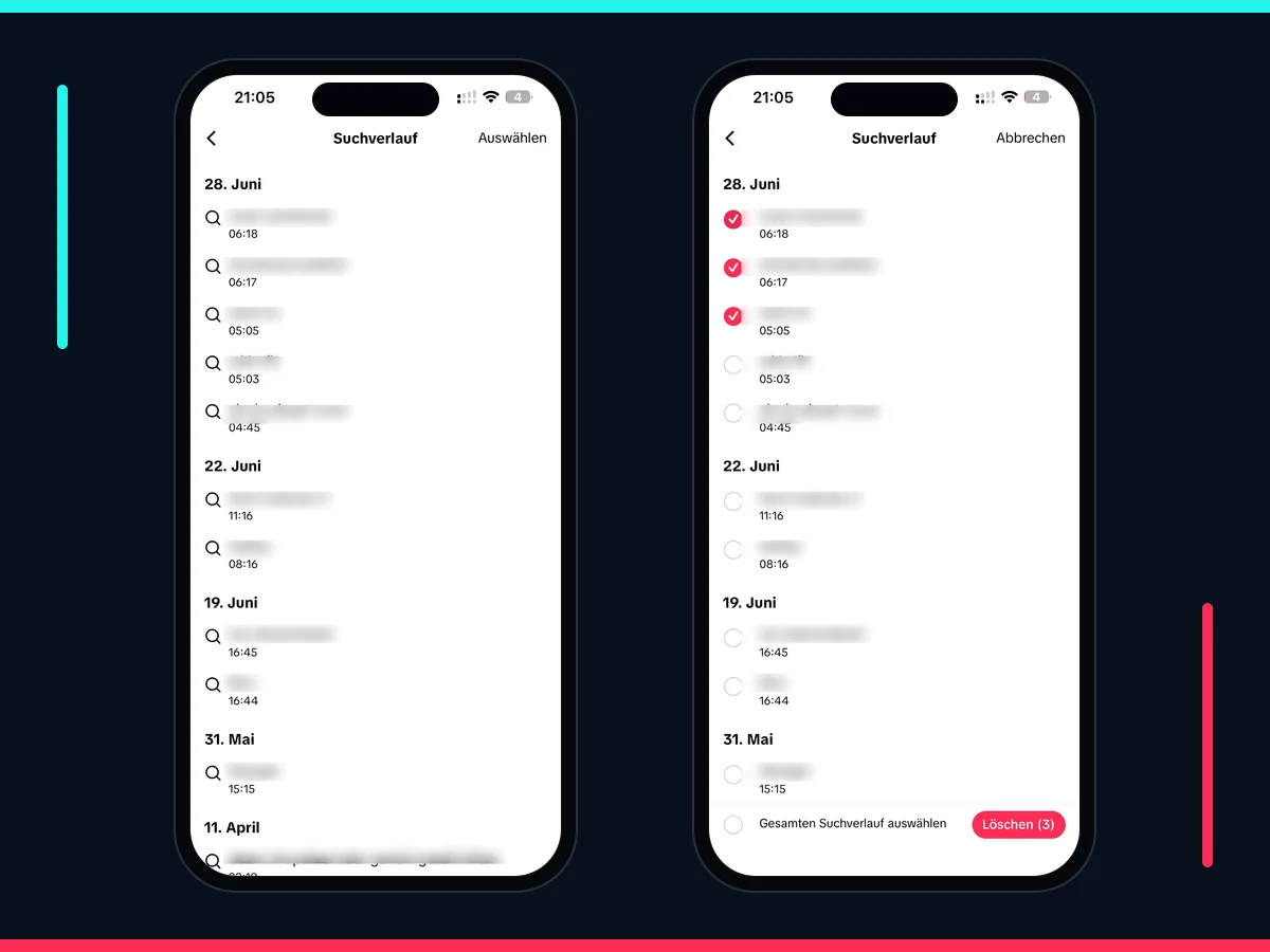 TikTok Suchverlauf und Auswahl zum Löschen einzelner oder aller Suchanfragen