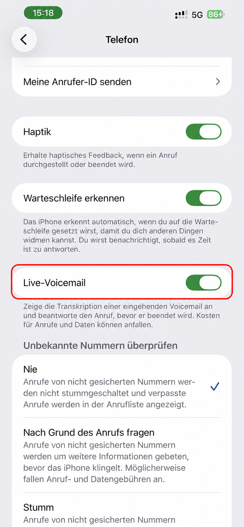 Live-Voicemail in den iPhone Einstellungen rot markiert