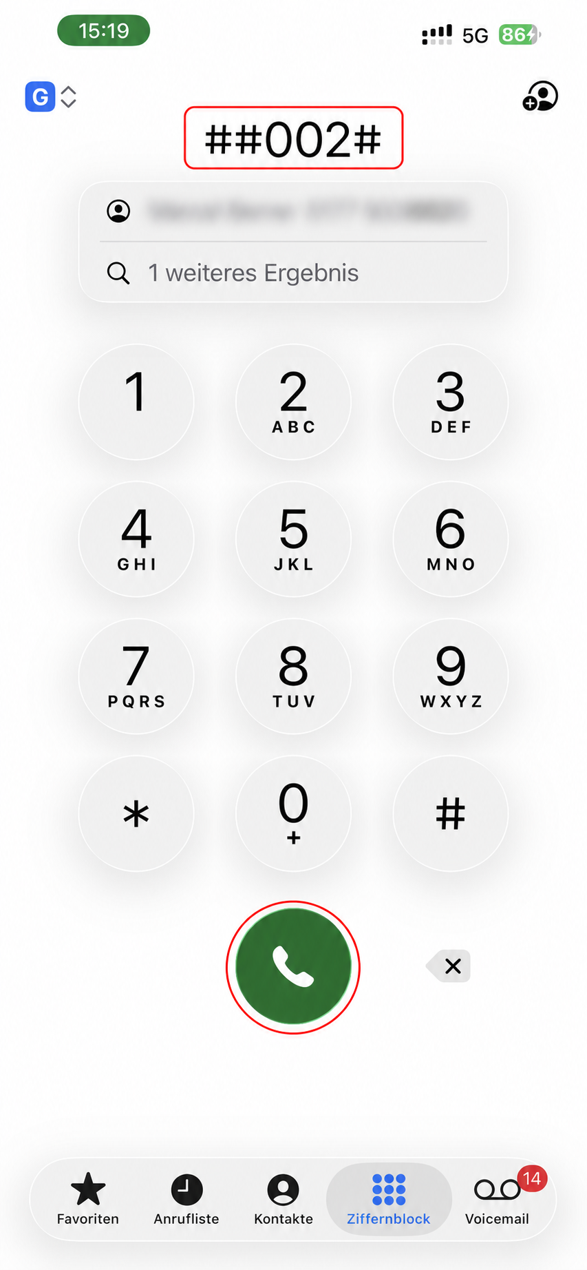 Mailbox-Code ##002# und Anruftaste auf dem iPhone rot markiert
