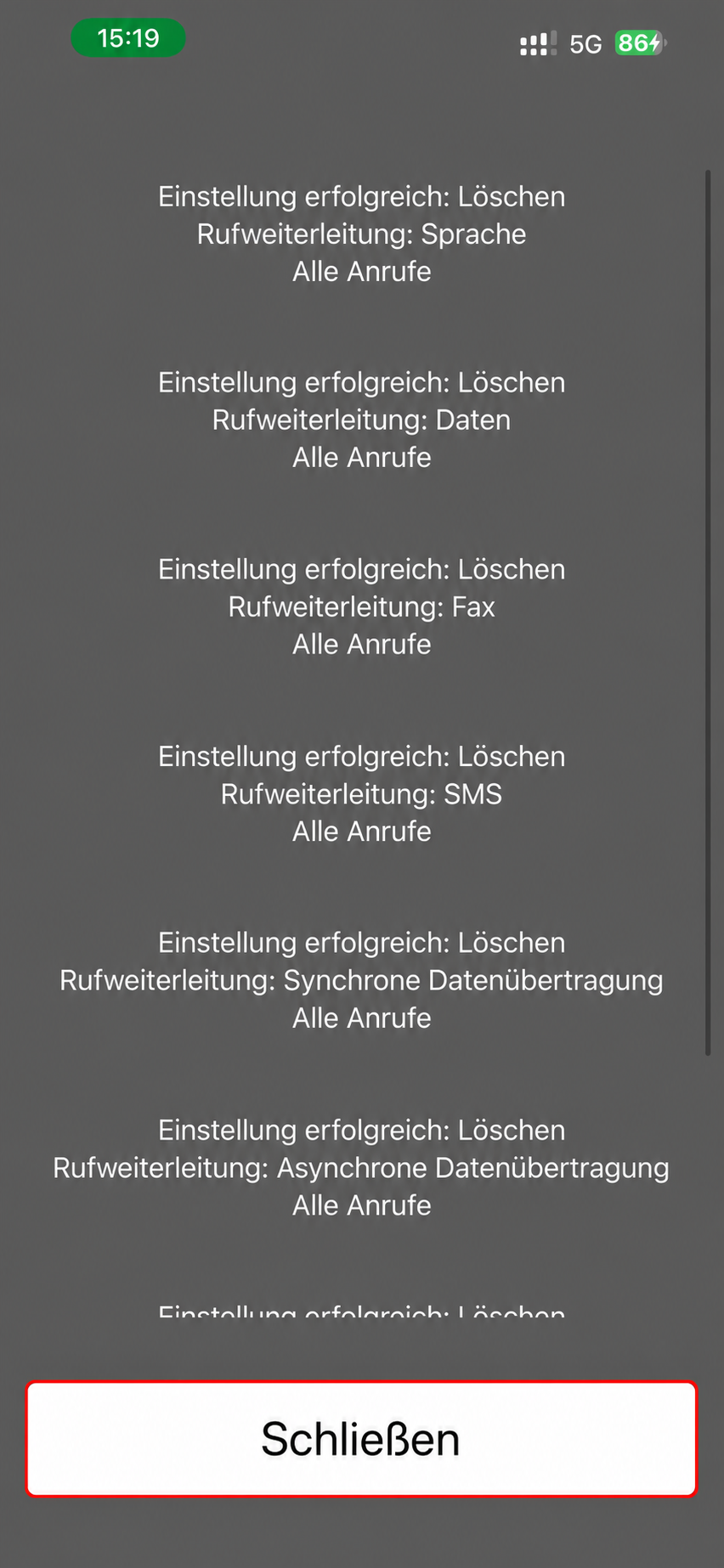 iPhone bestätigt das erfolgreiche Löschen der Rufweiterleitungen