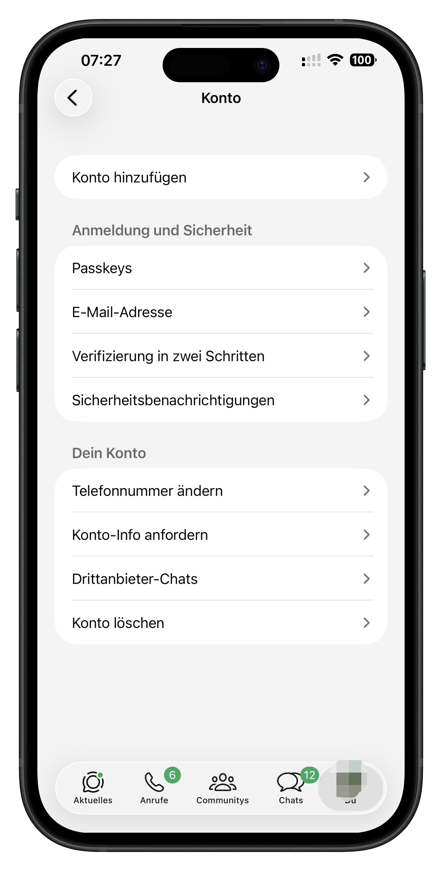 WhatsApp Konto-Einstellungen auf dem iPhone mit der Option Konto hinzufügen