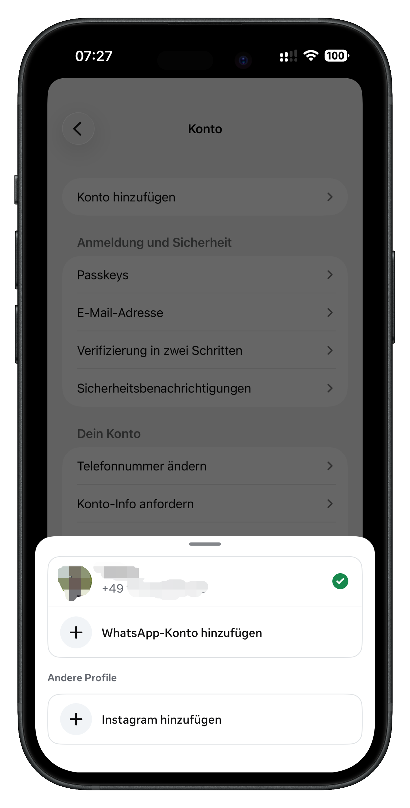 WhatsApp Kontowechsel auf dem iPhone mit der Schaltfläche WhatsApp-Konto hinzufügen