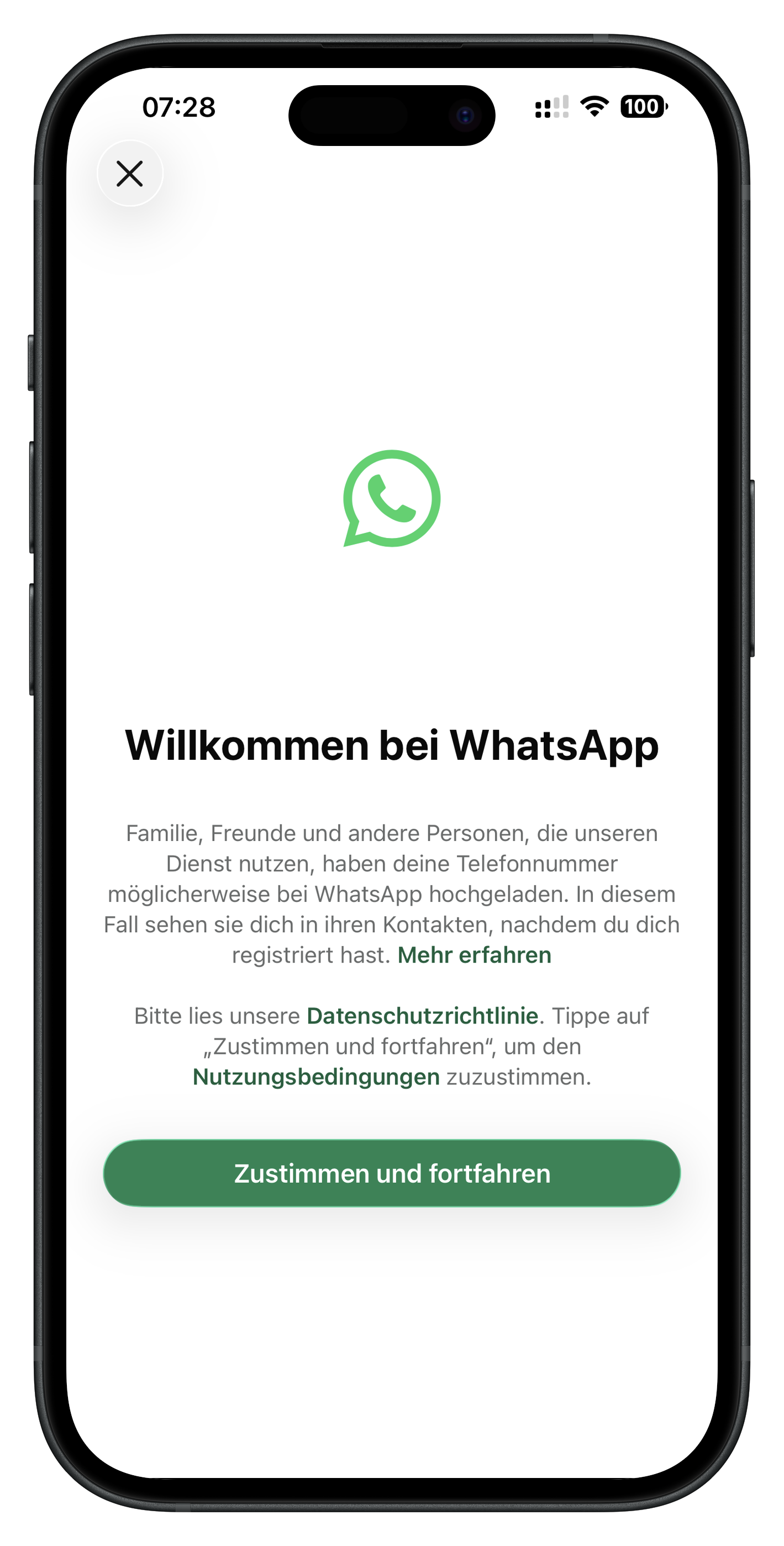 WhatsApp Begrüßungsbildschirm für die Anmeldung eines zweiten Kontos