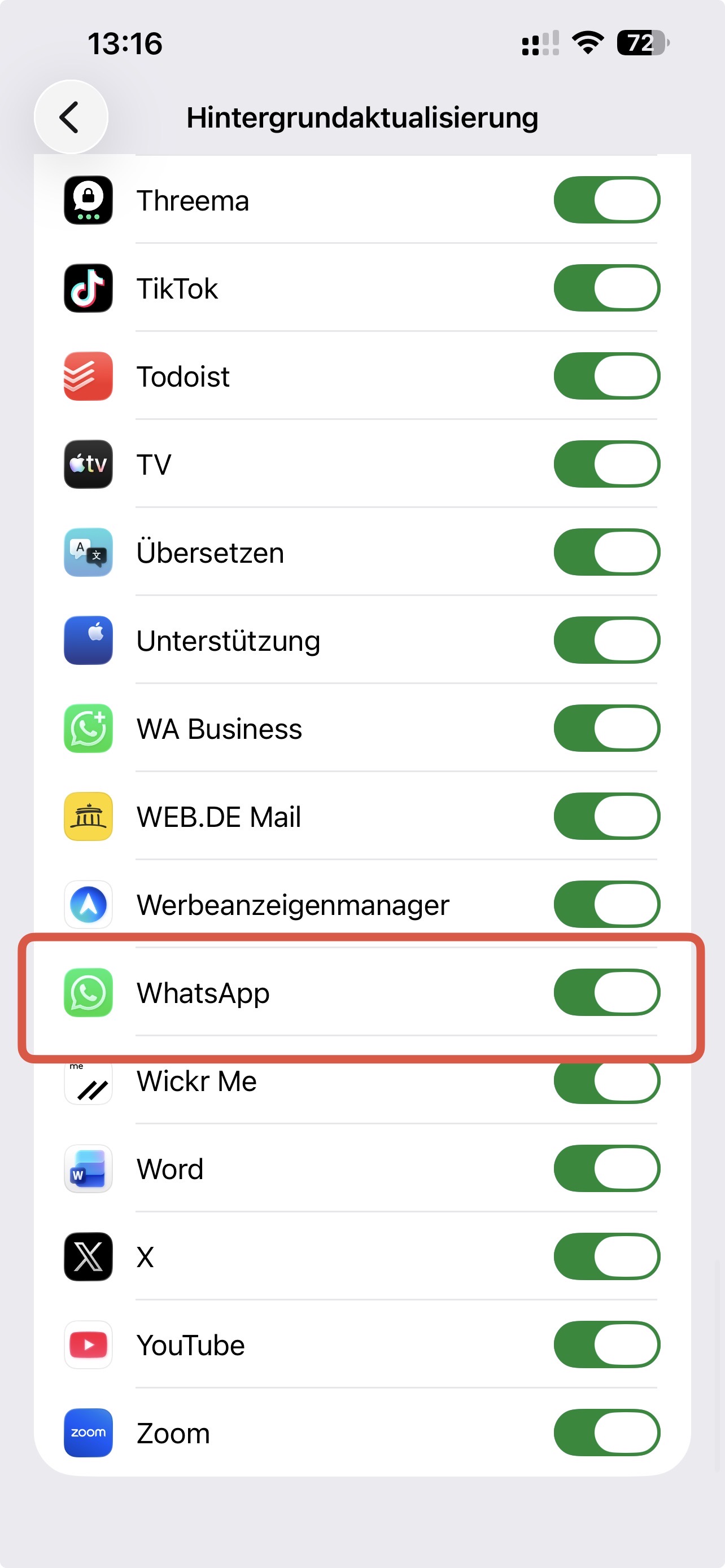 iPhone Hintergrundaktualisierung für WhatsApp aktivieren