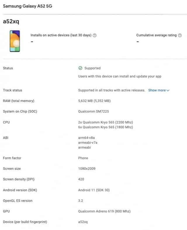 Das Samsung Galaxy A52 5G auf der Google Play Console