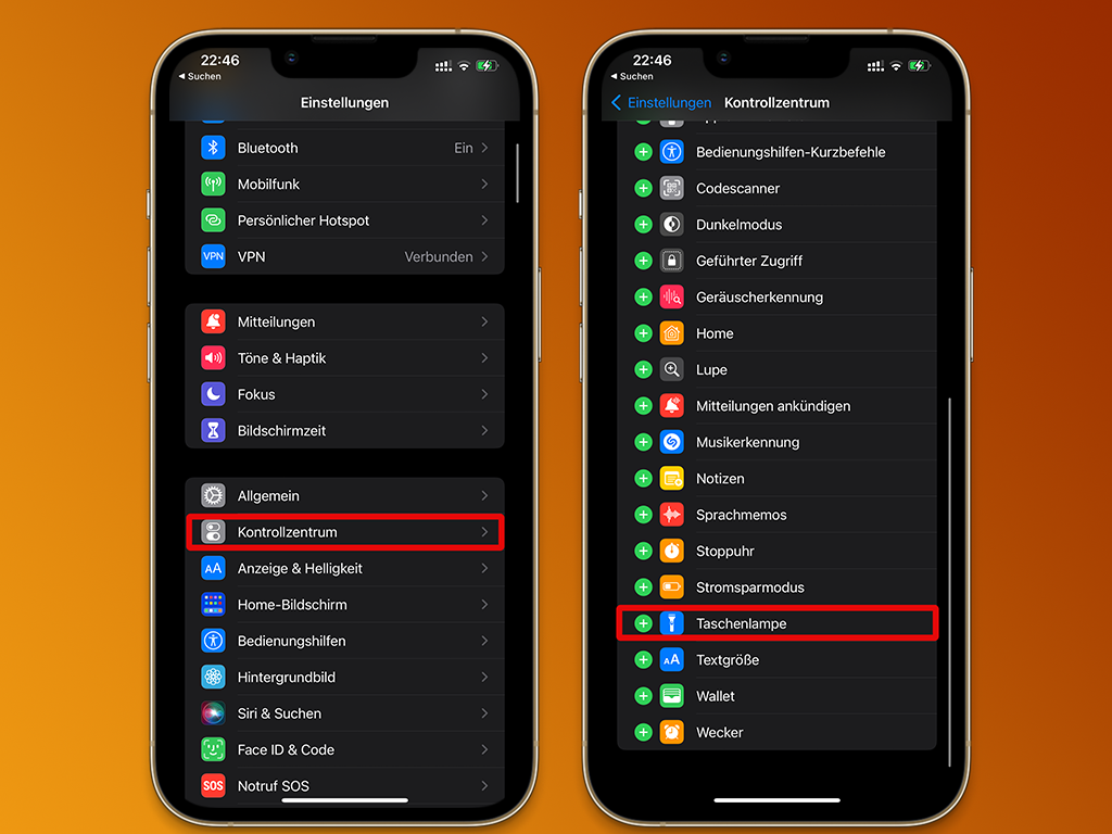 iPhone Taschenlampe zum Kontrollzentrum hinzufügen